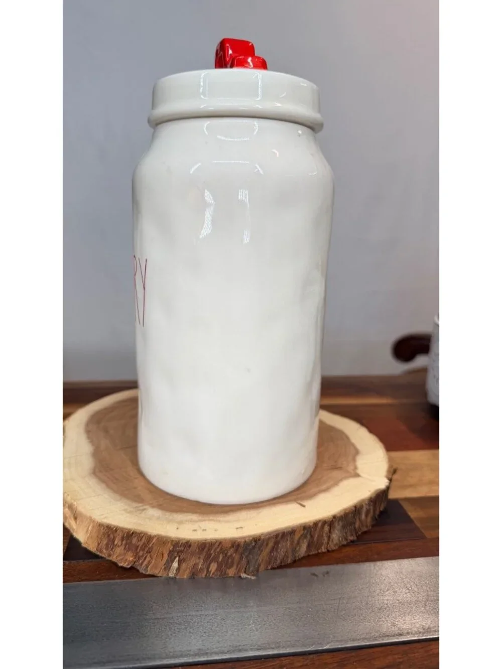 Rae Dunn MERRY Christmas Canister Red Handle Lid White Ceramic Farmhouse